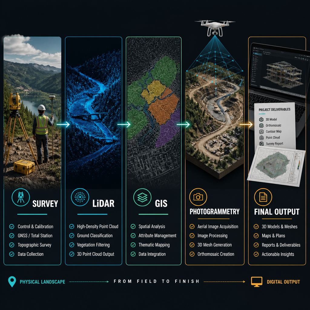 From field collection through GIS delivery — the geospatial production chain