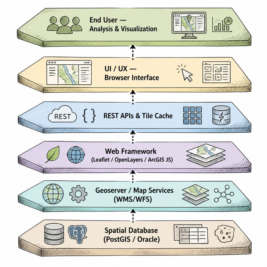 WebGIS stack from spatial database through map services to browser analysis